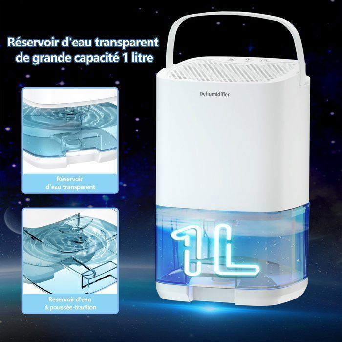 Deumidificatore d'aria portatile da 1000 ml, 350 ml/giorno, con 7 LED colorati e spegnimento automatico, ideale per bagno e camera da letto.