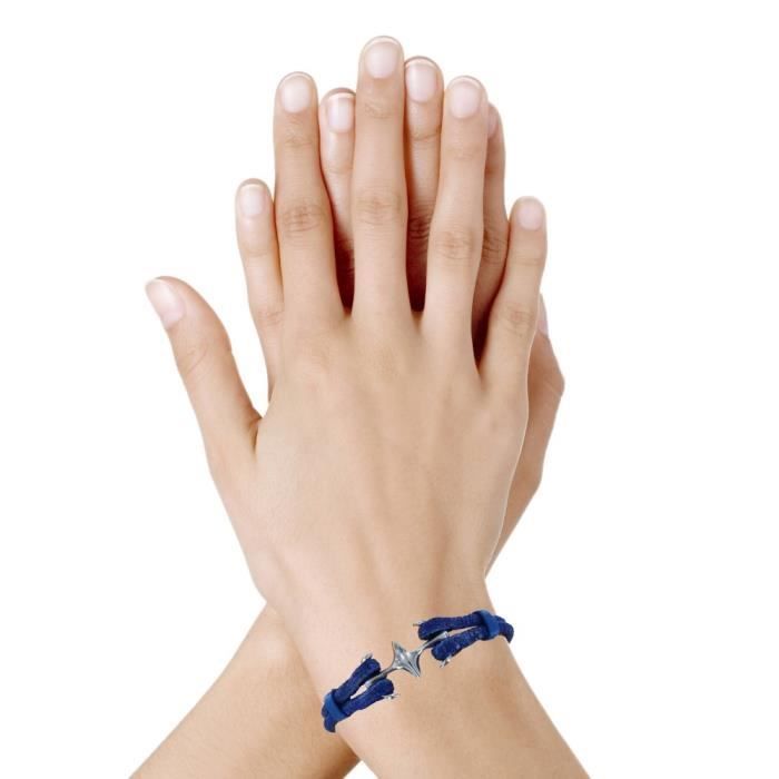Les Poulettes Bijoux - Unisex Rhodium-Plated Silver Bracelet with Double Anchor and Shagreen - 18cm - Azure