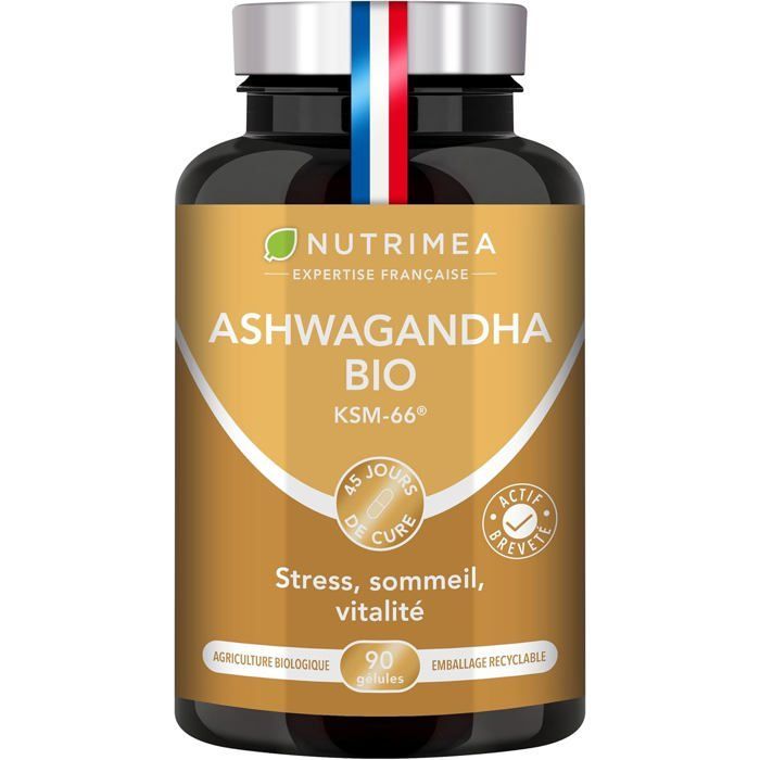 Orgaaninen ashwagandha KSM-66® 600 mg Adaptogeeni – Stressi ja mielen hyvinvointi – 90 vegaanista kapselia – Nutrimea – ranskalainen asiantuntemus