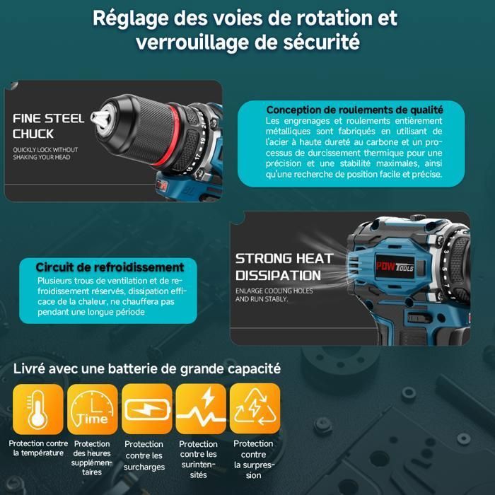 Taladro atornillador inalámbrico POWTOOLS - Motor sin escobillas con 2 baterías, 25+3 ajustes de torque
