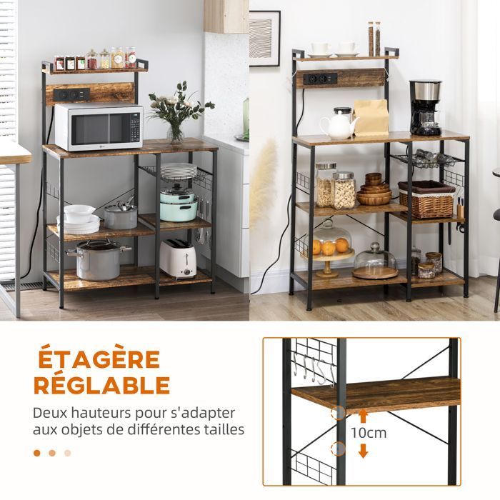 Estantería de cocina con tomas de corriente integradas, mueble para microondas con estantes y cesta de rejilla, estilo industrial, marrón.