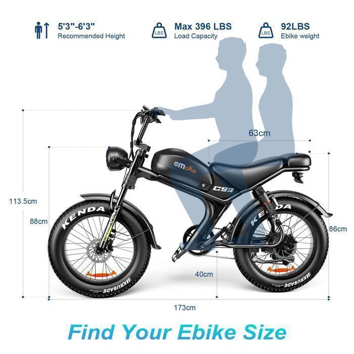 Bicicletta elettrica Emoko C93, motore da 1000 W, batteria da 20 Ah, ruote da 20 pollici, velocità massima 55 km/h, autonomia massima 75 km, sella marrone.