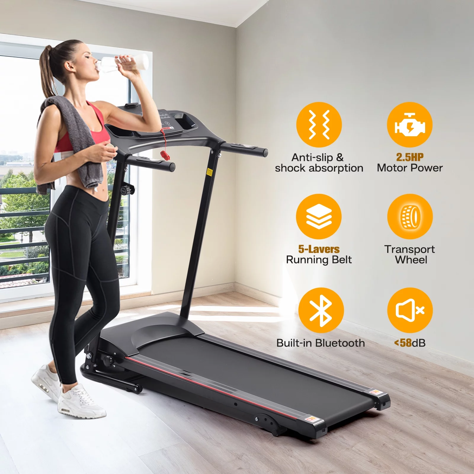 2,5 PS starkes, klappbares Laufband, tragbar, kompakt, mit 12 voreingestellten Programmen, LED-Anzeige, Bluetooth-Musikwiedergabe, einfache Montage für Zuhause