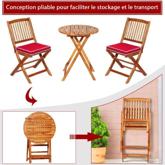 Conjunto de muebles de jardín plegables de madera de acacia de 3 piezas COSTWAY: 1 mesa, 2 sillas, 2 cojines rojos extraíbles - Sala de estar, patio, bistró