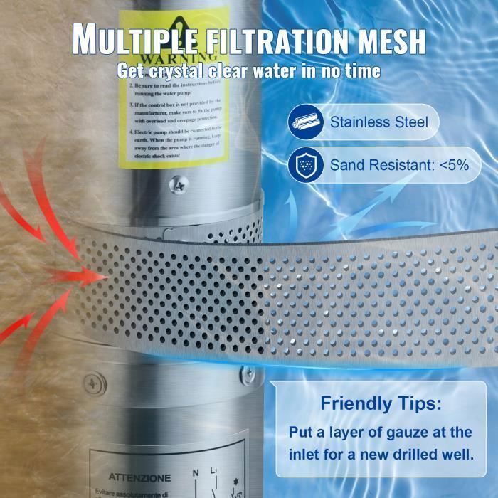 Pompe Immergée pour Puits Profond VEVOR 370 W - Débit Maximal 110 L/min - Tête Maximale 44 m