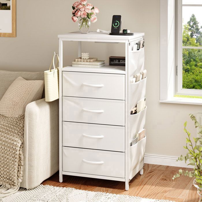 Smart Bedside Table with 4 Drawers, USB Port & RGB LED - Multifunctional Side Table for Bedroom/Living Room, with Pockets, PU