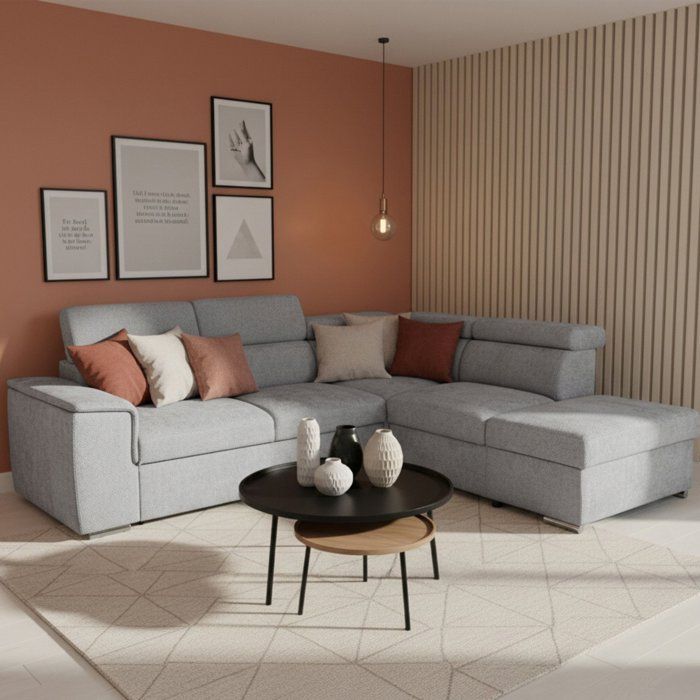 Wendbares Ecksofa mit Schlaffunktion – 5-Sitzer – DAYTONA – Silberner Stoff – Staufach – 260 x 216 x 94 cm