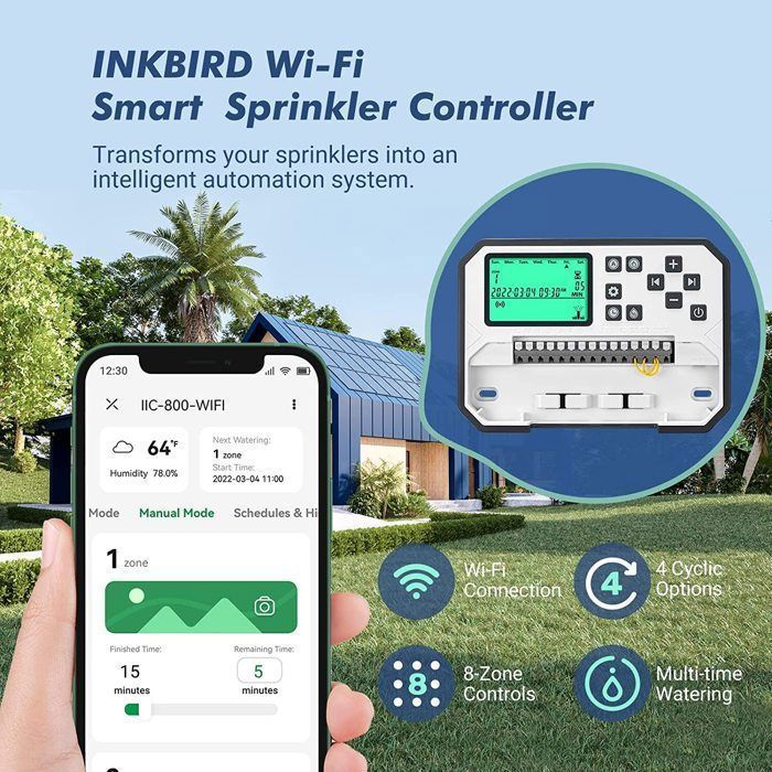 Controlador de riego WiFi INKBIRD de 8 vías, temporizador de riego automático inteligente para jardín con tapa.