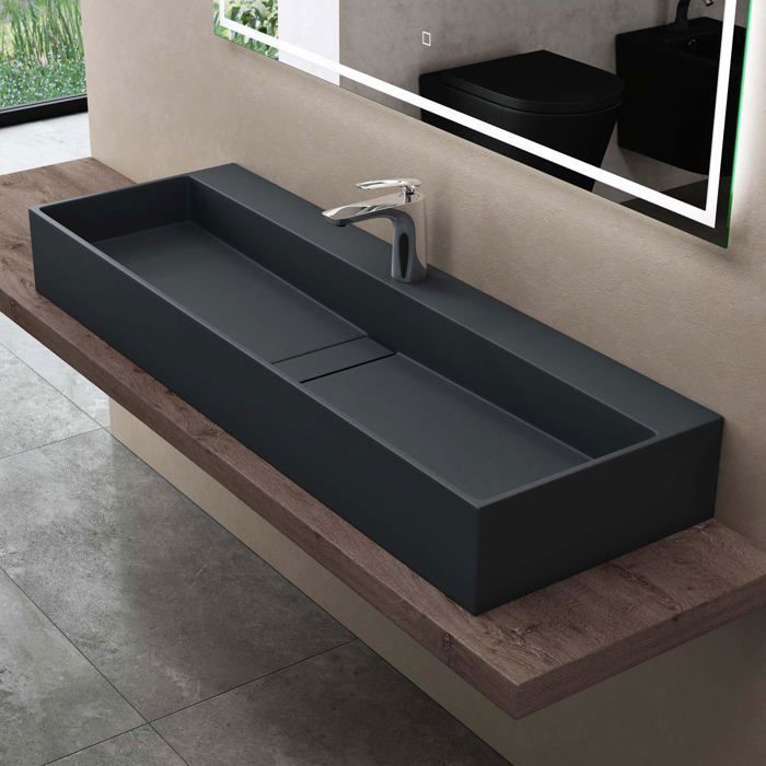 Lavabo de encimera doporro, gris mate/negro, lavabo de baño mural de 120 cm, lavabo rectangular con tapa de desagüe, Colossum6028