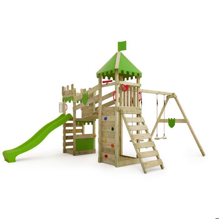 Torre de juegos de madera FATMOOSE RiverRun Royal XXL con columpio doble, tobogán de manzana verde y puente colgante – 10 años de garantía*