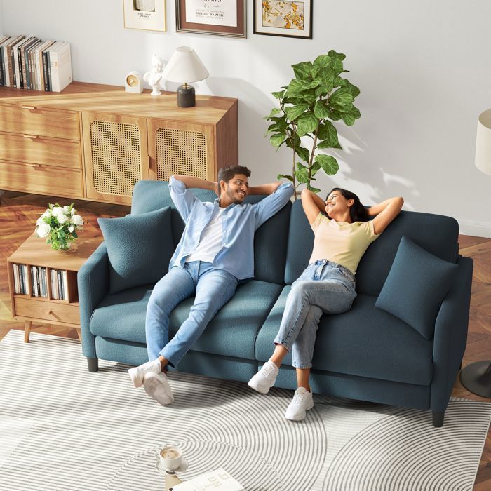3-Seater Teddy Velvet Sofa in Blue Grey for Living Room, Bedroom, Scandinavian Style with 3 Cushions, 2 Pillows, 193×78×85CM