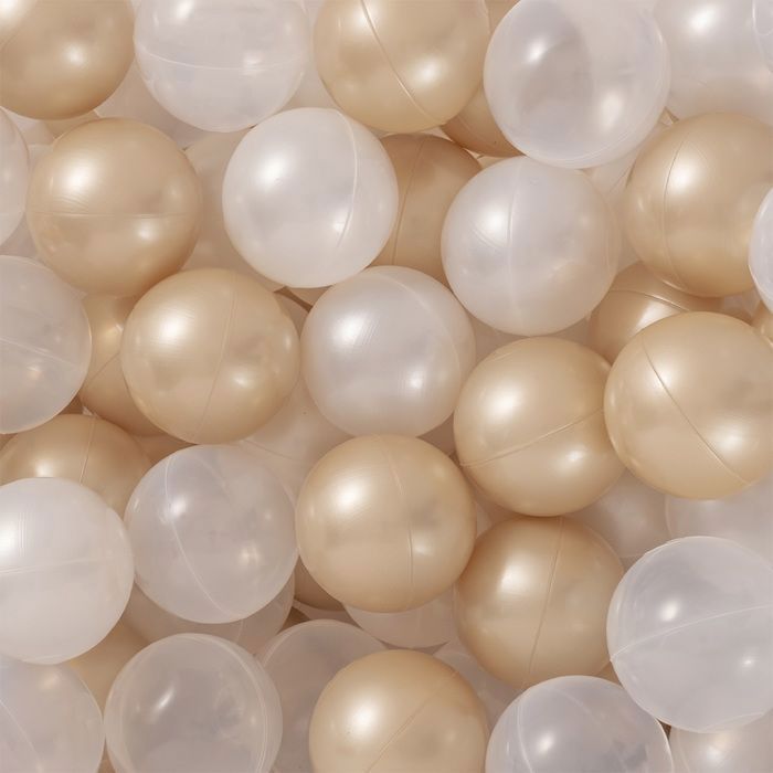 MISIOO Rundes Bällebad für Babys und Kinder, dicker Cord, Beige, 90 x 30 cm, 200 Bälle: Gold/Perlweiß/Transparent