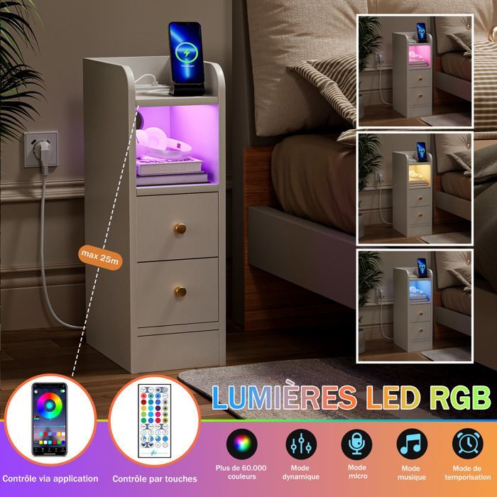 Table de Chevet Étroite 2 Tiroirs 4 Niveaux avec Prise Recharge 1AC/2USB et Lampe LED - Rangement pour Chambre 30x20x60 cm - Blanc