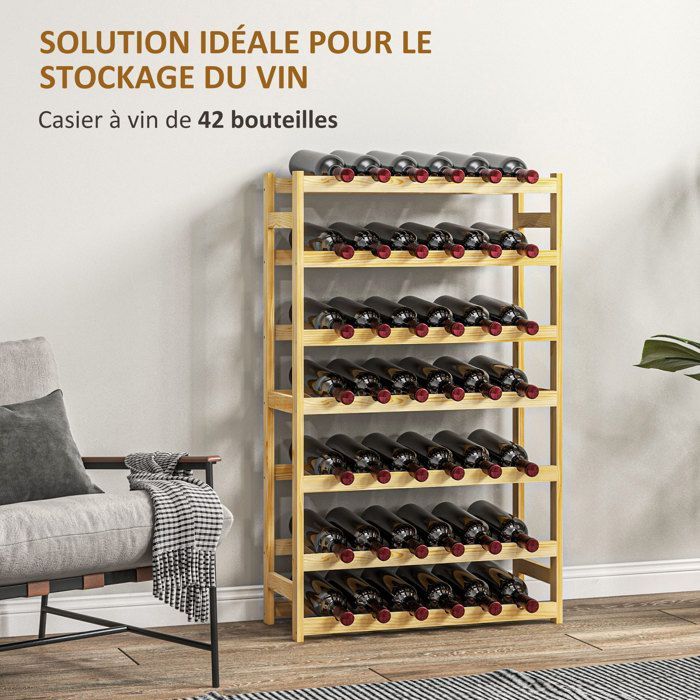 Bottle rack - HOMCOM - 7-tier wooden bottle holder for 42 bottles - 63 x 25 x 102cm - natural