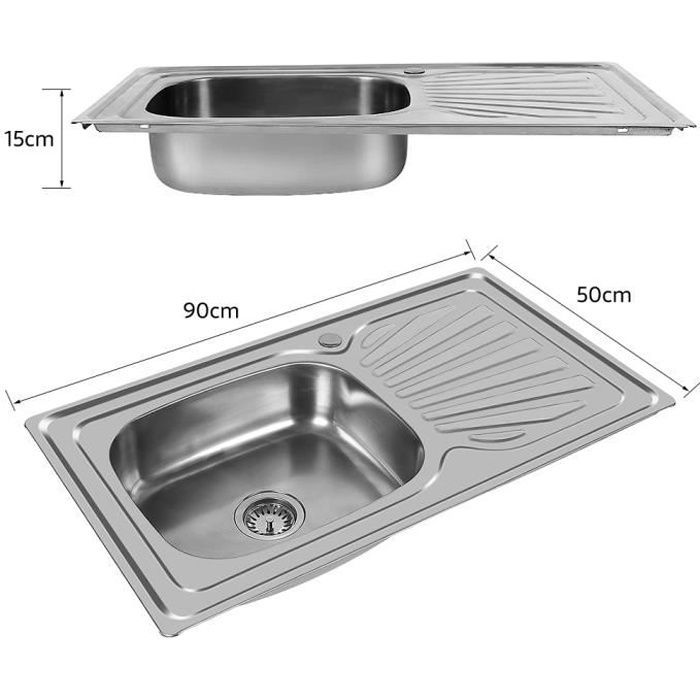 Fregadero de cocina de acero inoxidable con un seno y placa filtrante de agua incorporada.