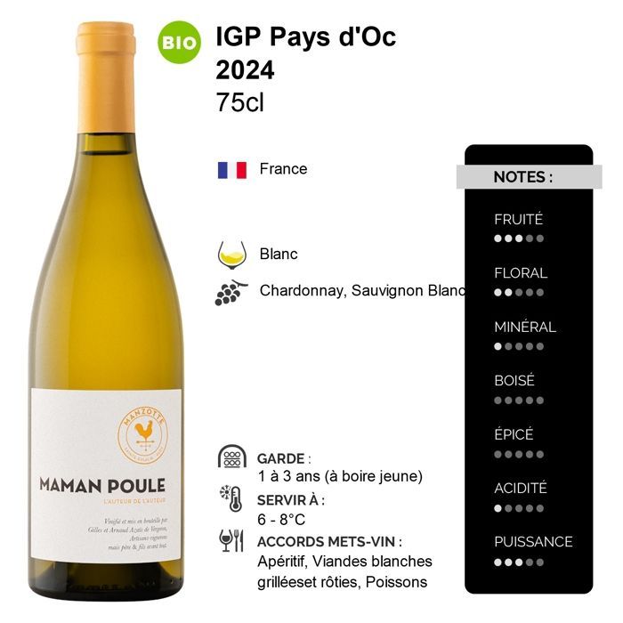 Clos de Manzotte Pays d'Oc Maman Poule 2024 - Vino Blanco de Languedoc - Rosellón (6x75cl) ECOLÓGICO