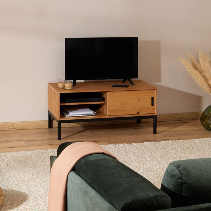 SELMA tv-meubel, 98 cm breed tv-meubel in een industriële vintage designstijl met 1 schuifdeur, gemaakt van massief grenenhout met een lichtbruine beits.