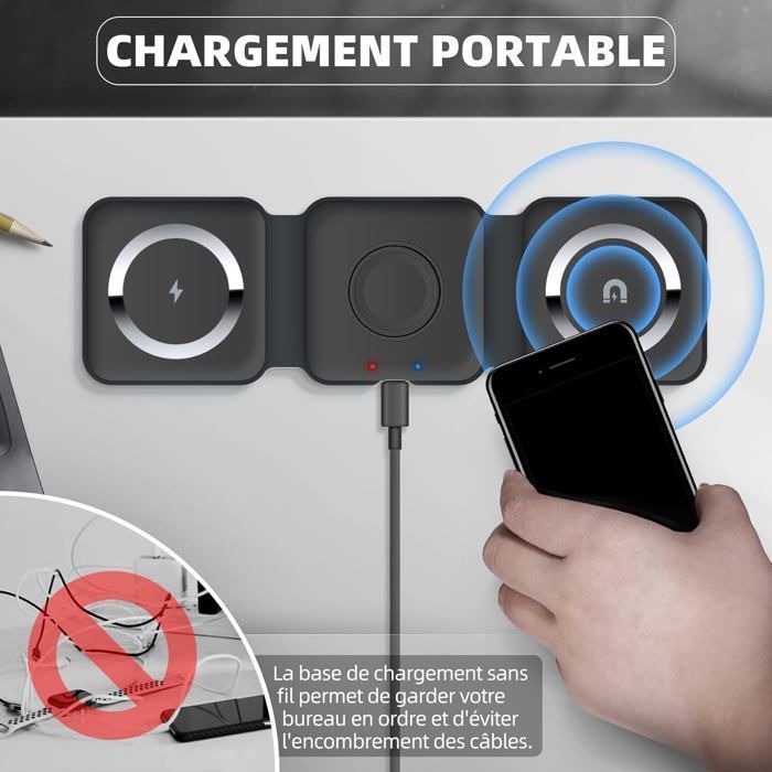 3-in-1 Wireless Charger, Inductive Charging Station, Foldable, for iWatch, Airpods Pro, iPhone and Samsung, 15W