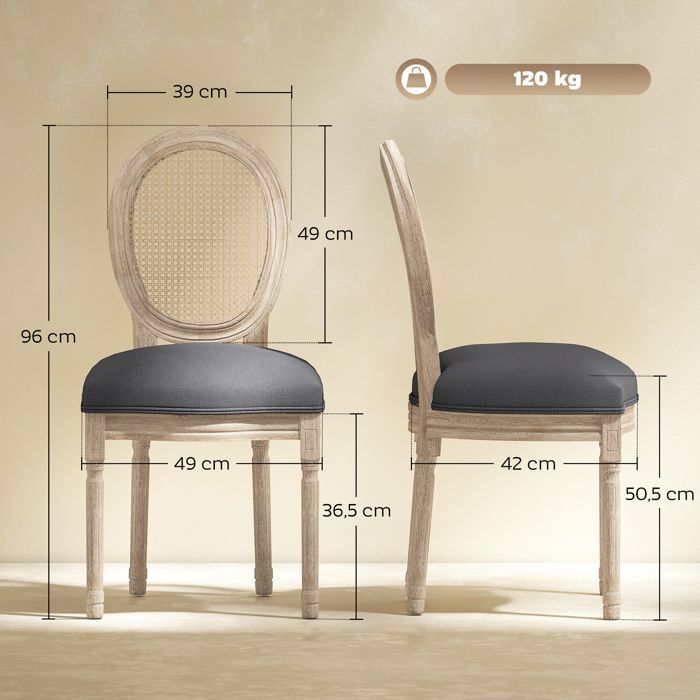 HOMCOM - Silla de comedor - Tejido de poliéster con tacto de lino - 49x56x96cm - Gris