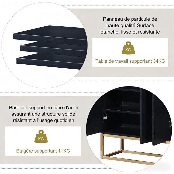 Credenza con 4 ante, ripiani regolabili, mobile basso, gambe in metallo dorato, credenza moderna, 120x30x80 cm, nera, per soggiorno e cucina.