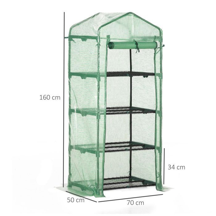 Garden greenhouse - Outsunny - PE shelves, 4 tiers, balcony, reinforced 140 g/m² tarpaulin, flowers - steel - 70x50x160cm - green