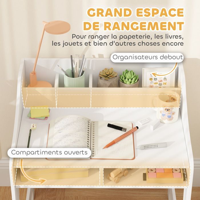 Ensemble bureau et chaise pour enfant - AIYAPLAY - 3 à 8 ans - compartiments et étagères ouverts - blanc