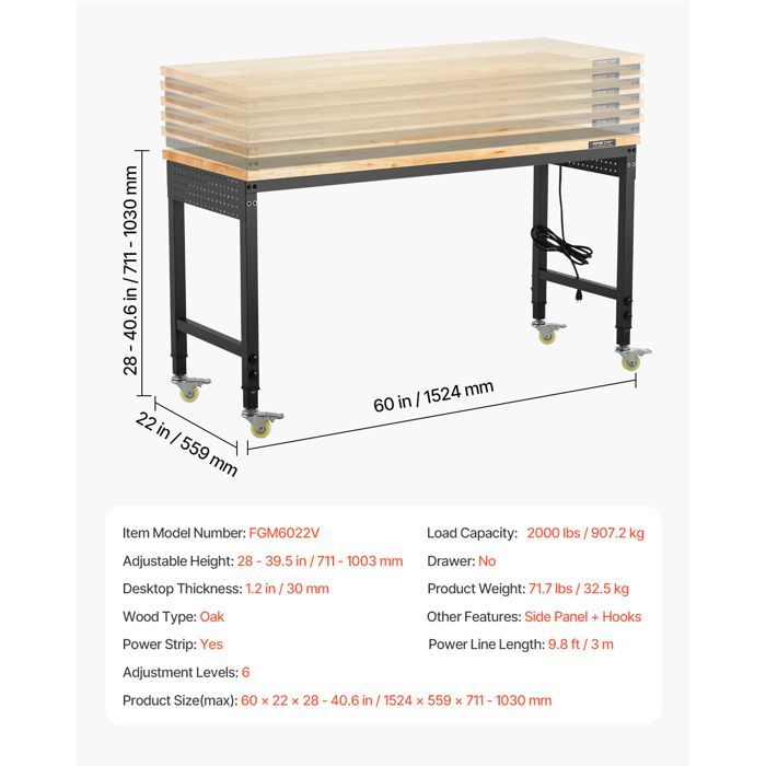 Banco de trabajo VEVOR de 1524 mm, mesa de trabajo para taller/garaje con ruedas y altura ajustable - Capacidad de carga de 907,2 kg - para oficina