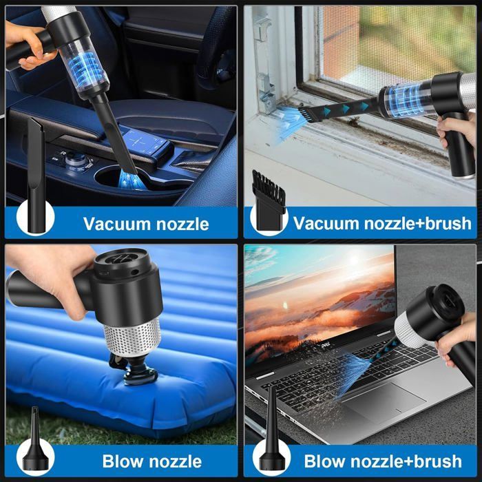 Aspiradora de mano inalámbrica para coche de 15000 Pa, mini aspiradora de mesa inalámbrica 4 en 1 con USB-C, 5 boquillas y 2 filtros.