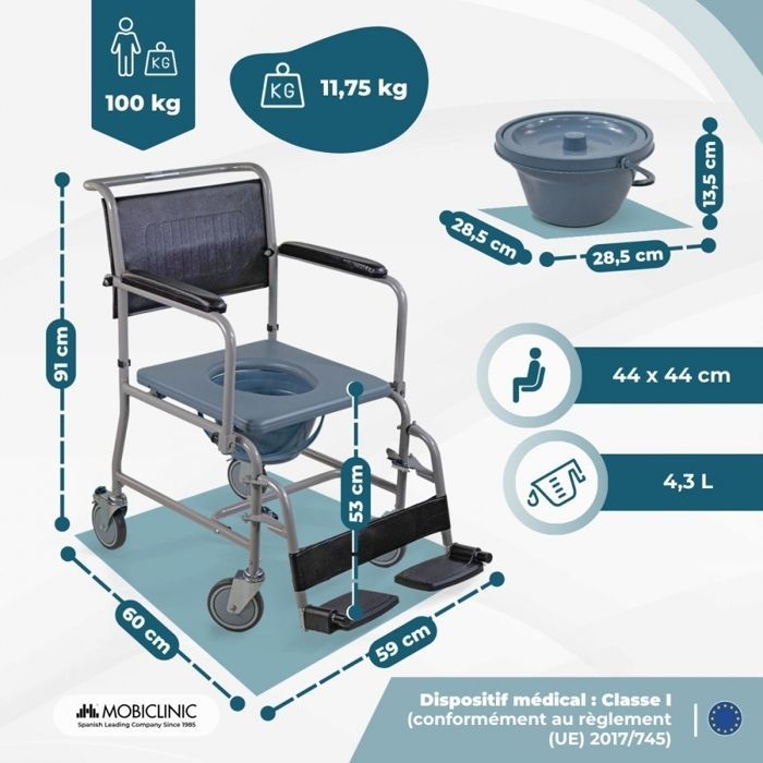 Silla de baño Mobiclinic Ancla con ruedas, silla de aseo con reposabrazos plegables y ajustables en altura, color gris.