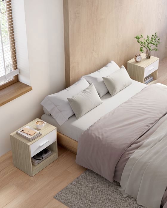 VASAGLE Table de Nuit, Lot de 2, Table d’Appoint, avec Tiroir, Poignée, Compartiment Ouvert, Table Basse, Beige Naturel et Blanc