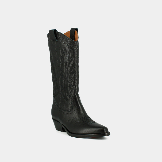 Bottes à bouts pointus et surpiqures apparentes  en cuir grainé noir