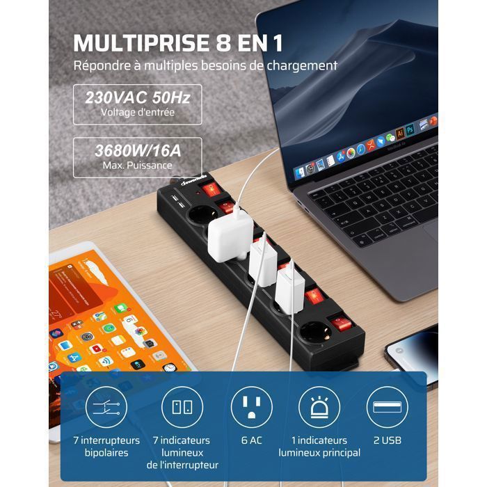 Régua de tomadas DEWENWILS 3680W/16A - 6 tomadas e 2 portas USB - Cabo de 3m - Preta - Interruptores individuais
