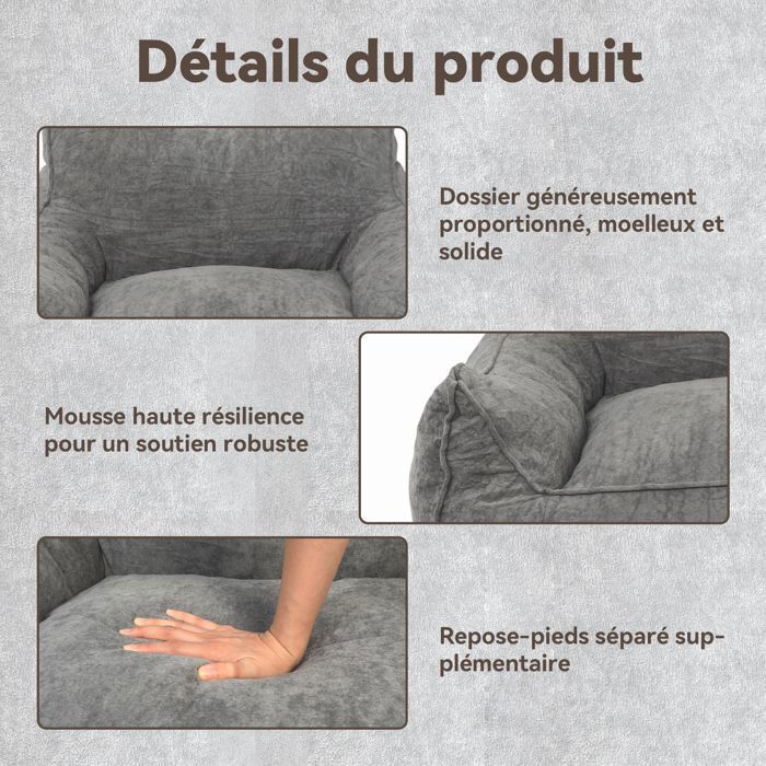 Puf/Sillón de terciopelo con reposapiés - 100 x 95 cm - Sofá, sillón tipo puf, chaise longue - Dormitorio, Gris