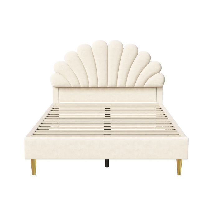 Lit 140x190 cm - COZY - Tête de lit en pétale - Velours beige - Lit enfant - 2 places