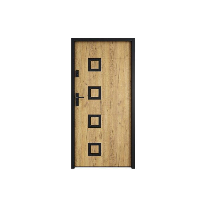 Puerta de entrada de acero con detalles en acero inoxidable, 207 cm de alto x 100 cm de ancho, efecto roble - 55 mm de espesor - apertura a la derecha - TIFANA