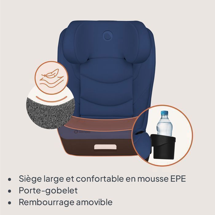 Seggiolino auto LIONELO Neal i-Size 100-150 cm - ISOFIX - Portabicchieri - Seduta ampia - Reclinabile - Gruppo 2/3 - Blu
