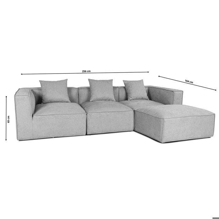Box canapé chaiselongue, 3 coussins décoratifs beige, marron.