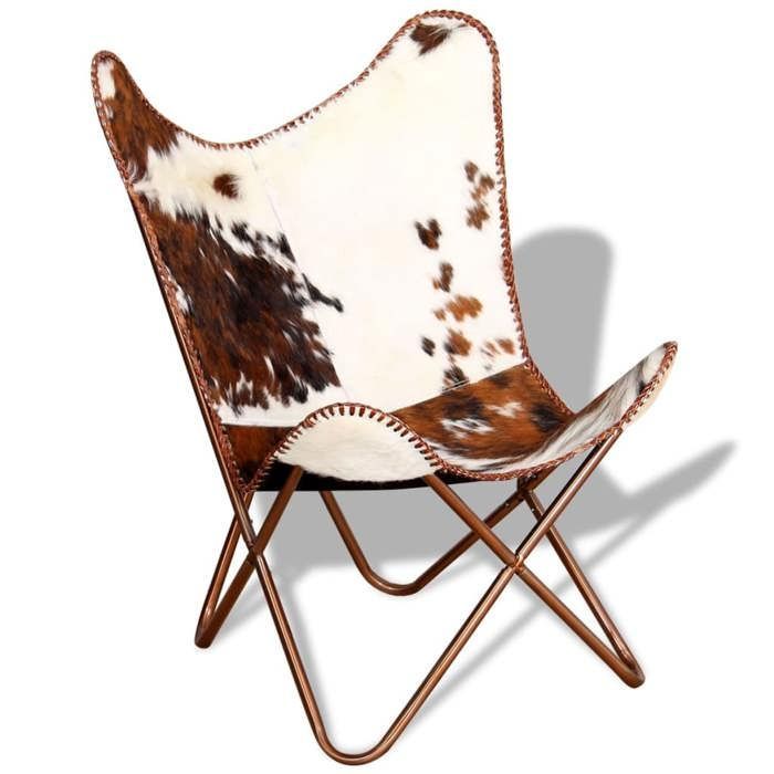 Butterfly chair - Genuine leather - Brown and white - 1 seater - Vintage - Indoor