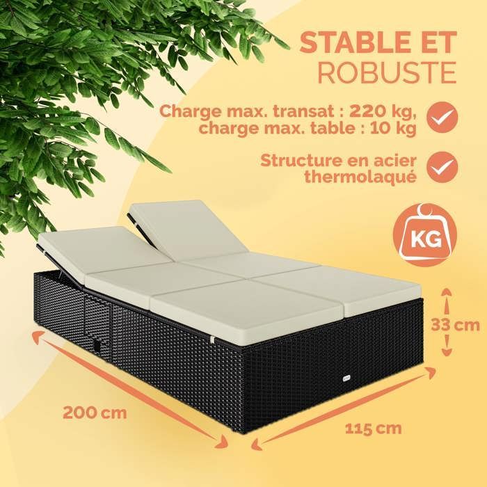 Lettino prendisole doppio CASARIA, nero/crema, estremità regolabili, sedia da esterno in polyrattan per 2 persone