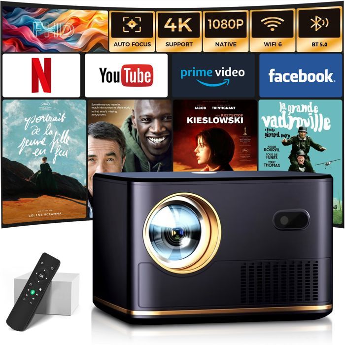 【Netflix integrado】Proyector 4K con enfoque automático y corrección trapezoidal, 30000 lúmenes, portátil, WiFi 6, Bluetooth 5.2, resolución 1080p FHD para iOS/Android