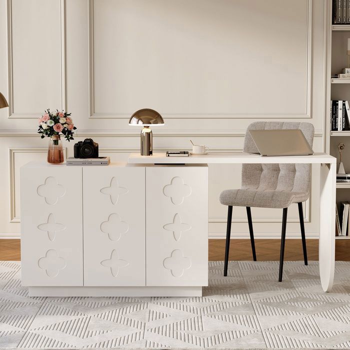 Bureau Blanc Pivotant en L - avec Meuble de Rangement pour Bureau, Gain de Place - 110 x 40 x 75 cm