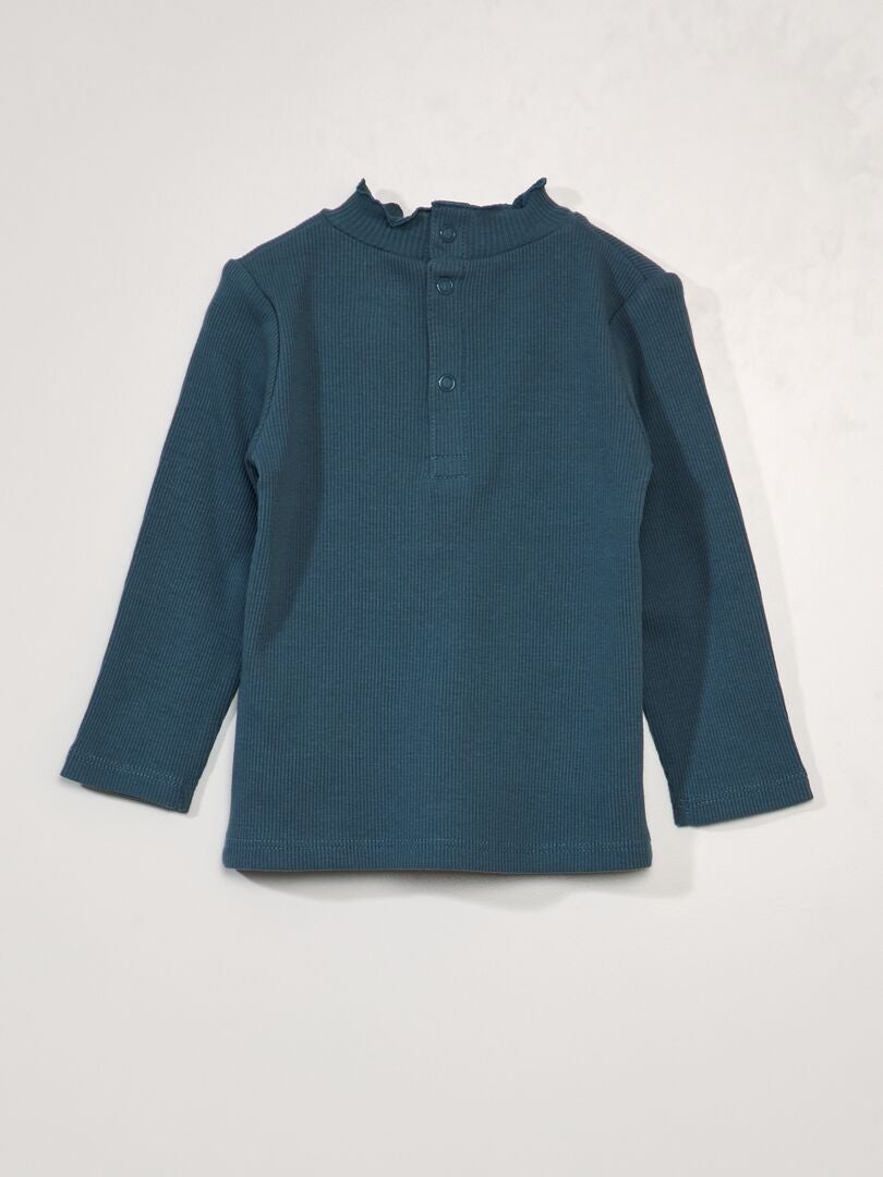 Geribbeld T-shirt met halfopen achterkant - BLAUW