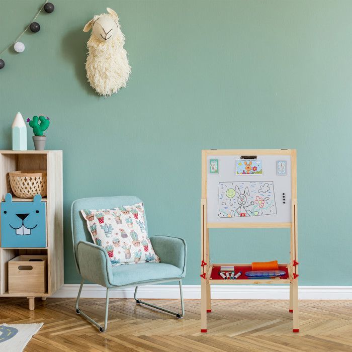 Relaxdays Tableau droit enfant; blanc et pour craie, réglable en hauteur, chevalet en bois, 102-135 x 55 x 52 cm, nature