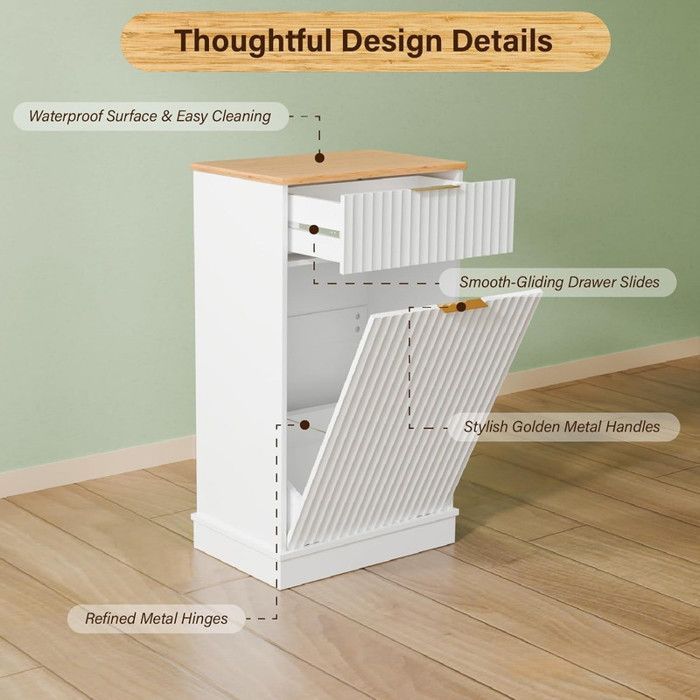 Aparador de cocina ALIGHTUP con puerta y cajones para cubo de basura y cesta de ropa - Blanco - 51x34x91,4 cm