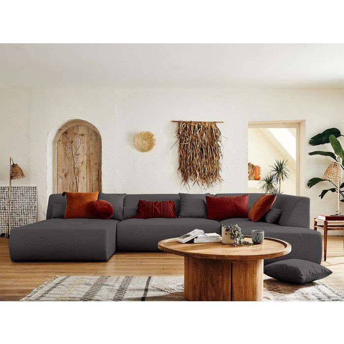 Onyx - Sofá modular panorâmico de canto direito com 7 lugares - em tecido - Cinza Escuro
