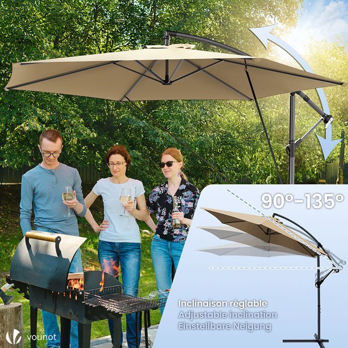 VOUNOT® Zweefparasol met 3M bevestigingsband, kaki - 360° draaibaar - Verstelbare kantelhoek - Beschermhoes