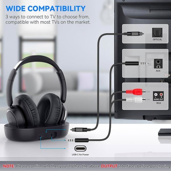 Casque TV sans fil - LAMPE DU PARFUMEUR - Modèle universel - 35 h autonomie - Bluetooth, USB-C - Faible latence
