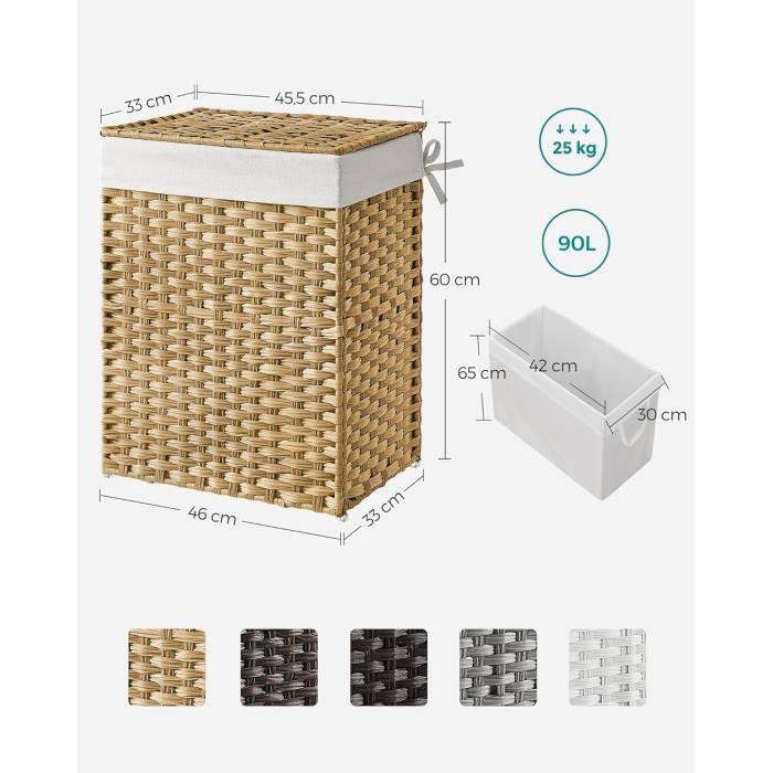 SONGMICS Panier de Rangement, Corbeille Linge Sale 90L avec Couvercle, Pliable, Sac en Tissu Amovibles et Poignées, Couleur Boisée