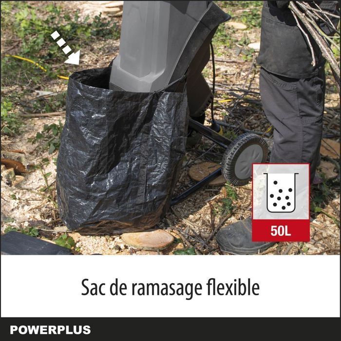 Powerplus elektrische tuinhakselaar POWEG5011 - 2400 W, max. Ø40 mm, duwstang, wielen en opvangzak van 50 liter inbegrepen