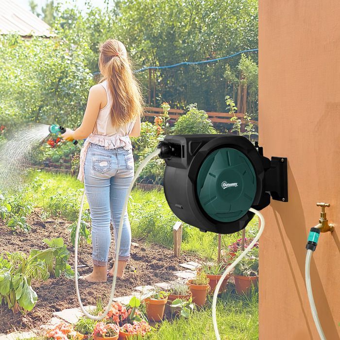 Wall-Mounted Hose Reel - Outsunny - 30m x 15mm Diameter - Automatic Retractable, 180° Swivel - 7-Mode Nozzle - Green